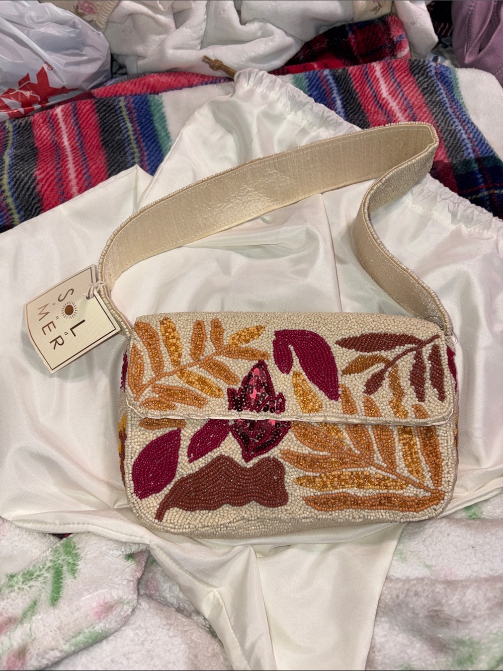 Sol & Mer Beaded Floral Crossbody Bag in Cream and Burgundy